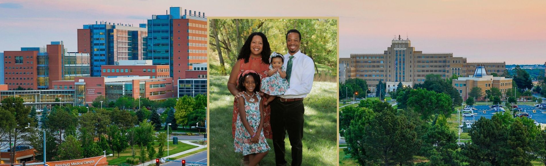 Brooke Dorsey Holliman family photo with husband and two daughters over a campus background