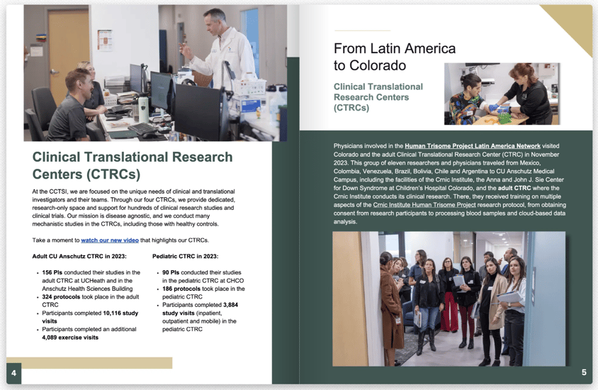 A preview page of CCTSI's 2023 report, highlighting Clinical Translational Research Centers and a visit by researchers from Central and South America to campus. 