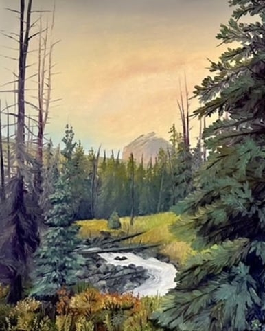 landscape painting of trees and a river