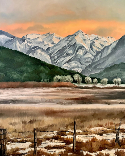 painting of mountains and a field with a fence
