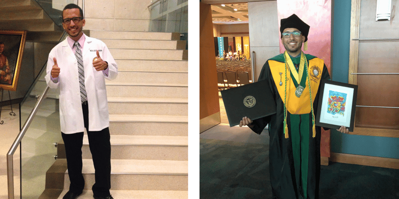 Images of Anthony Robateau Colón. To the left, he is wearing his white coat and holding two thumbs up. On the right, he is holding up his diploma and a framed art piece.