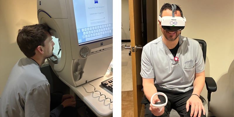 The image on the left shows a man placing his head on a traditional visual field test machine. The image on the right shows a man using the virtual visual field test device, which is a headset he places over his eyes.