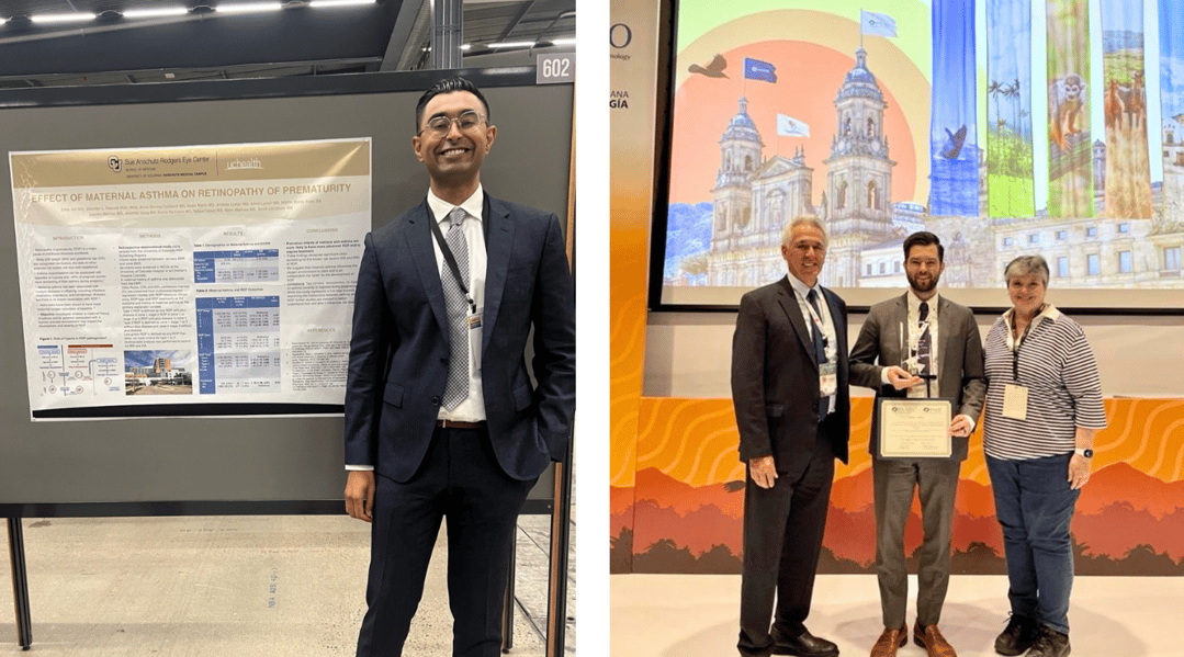 In the image to the left, a man wearing a suit smiles beside a poster. In the image to the right, two men wearing suits and a woman smile as they stand side by side. The man in the center is holding an award and certificate.