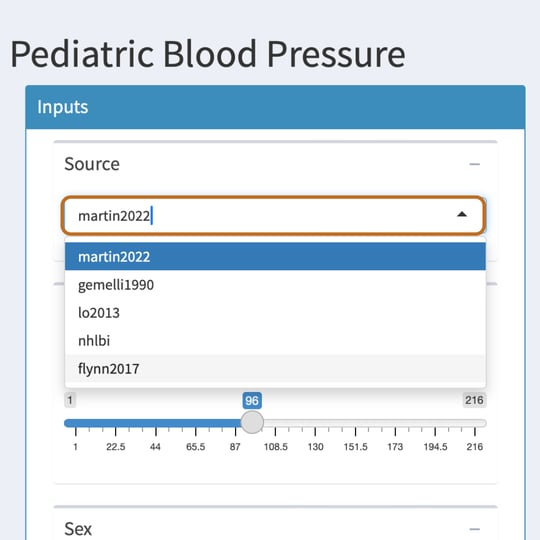 cropped screenshot of the pedbp tool webpage. title says "Pediatric Blood Pressure" and user has selected Source dropdown, where the user chooses the study from which data is sourced. martin2022 is selected by default.