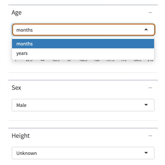 cropped screenshot of the pedbp tool webpage. user has selected Age dropdown, which offers two options: months, or years. Below drop-down for Sex and Height are seen in the image.