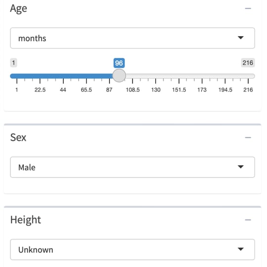 screenshot of a user on the pedbp web application. screenshot depicts three fields: Age, Sex and Height. Age has units drop-down (e.g. months vs. years) as well as a range slider.