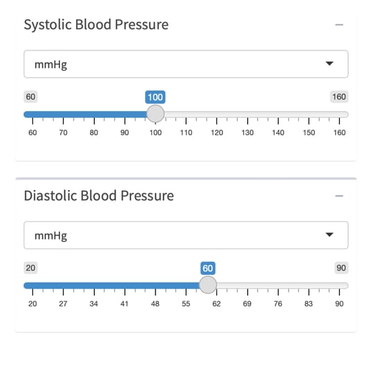 screenshot of a user on the pedbp web application. screenshot depicts two fields: Systolic Blood Pressure and Diastolic Blood Pressure. Both fields have a dropdown to select units (e.g. mmHg), as well as a range slider.