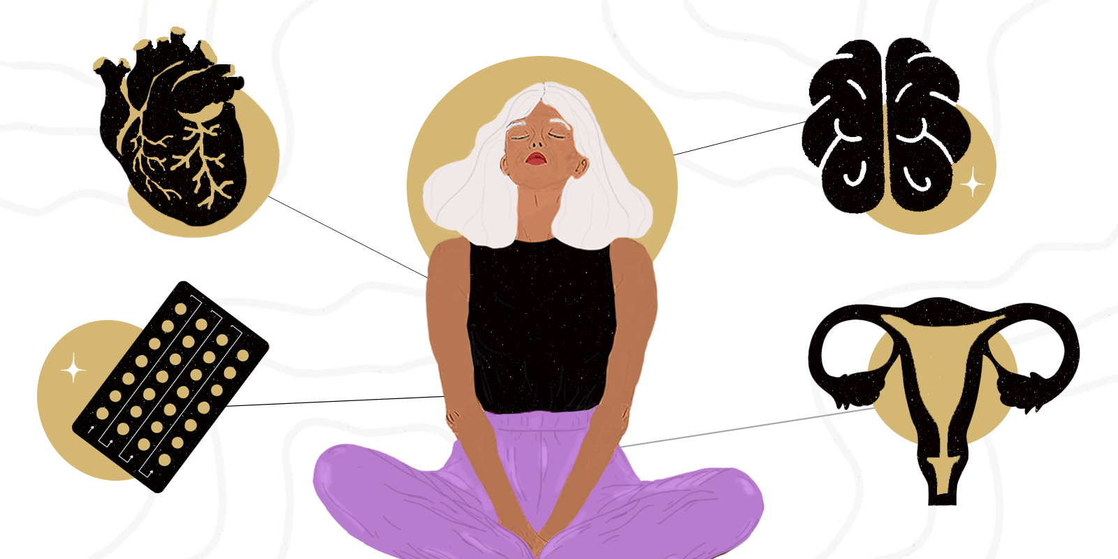 An illustration showing a middle aged woman sitting with her eyes closed while stylized images denoting aspects of menopause surround her.