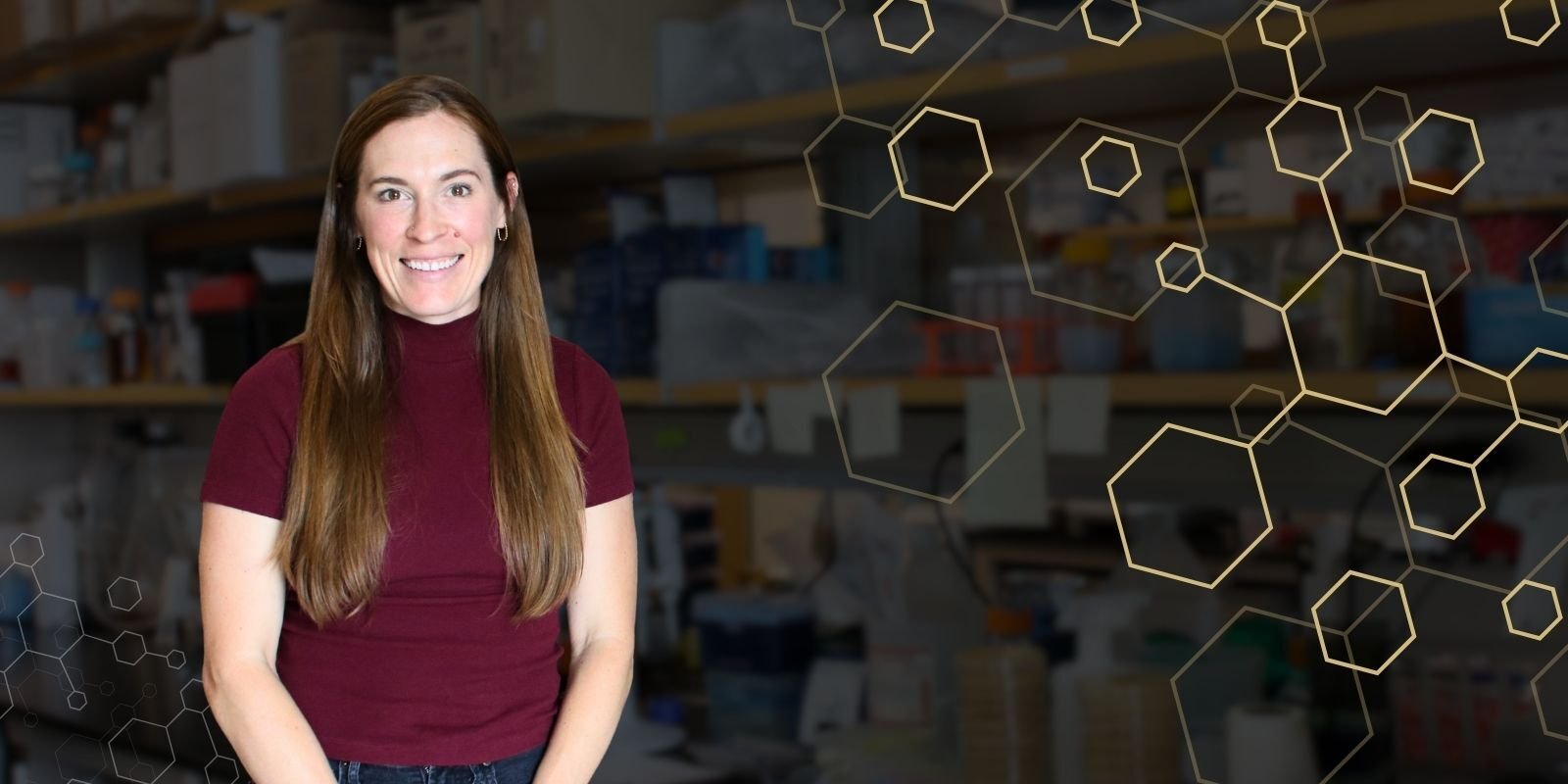 Image shows Kyla Ost in her lab and a hexagon pattern in gold.
