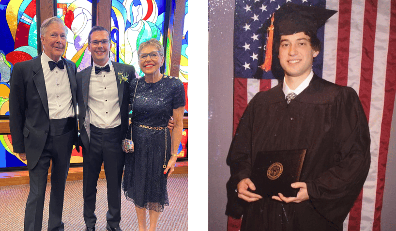 Left image: Three people standing in formal attire. Right image: A man wearing graduation attire smiles while holding his degree from CU Boulder.