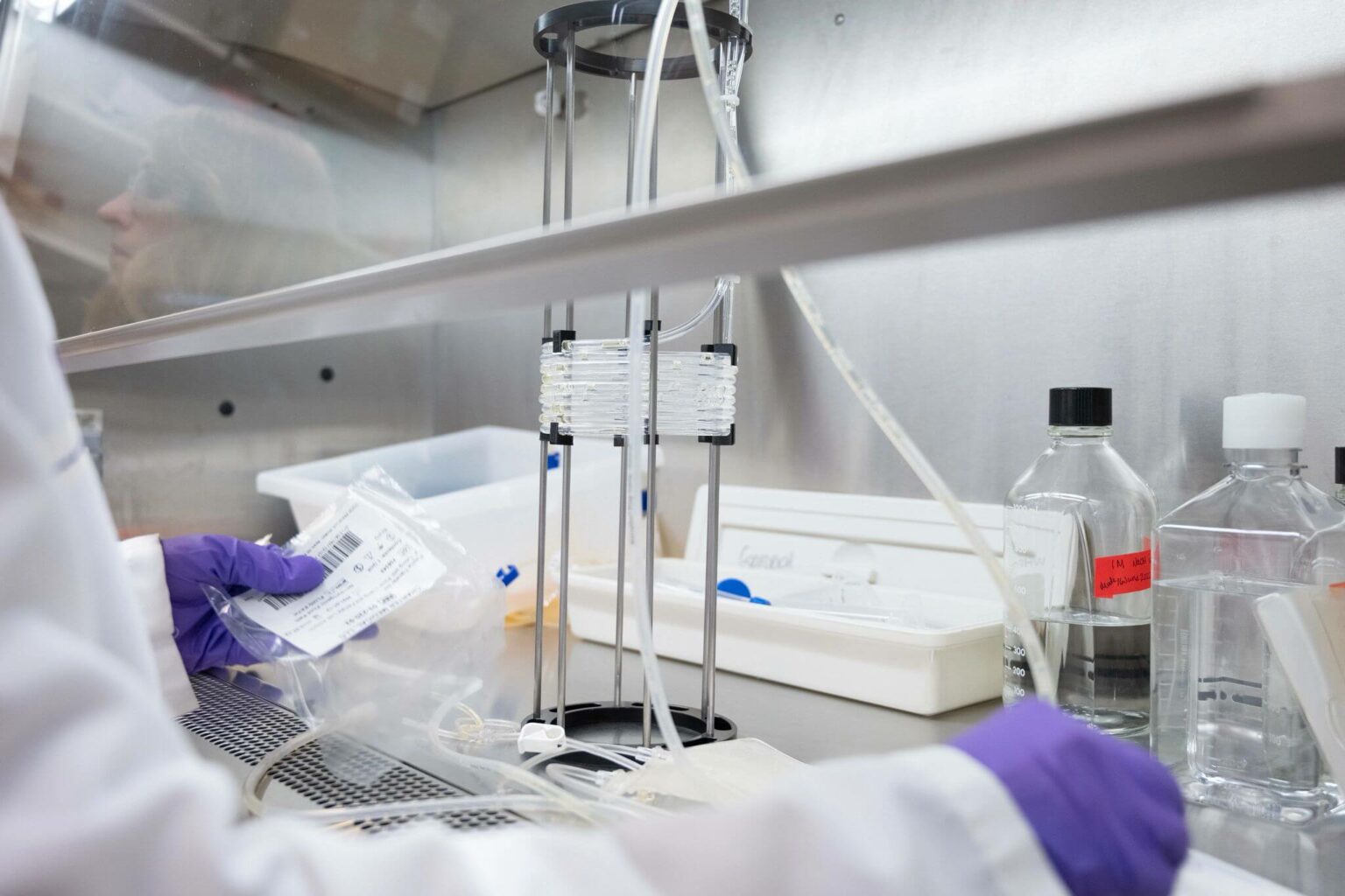 Scientist working underneath a fume hood