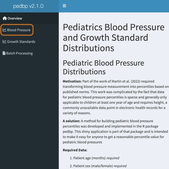 cropped screenshot of pedbp shinyapp webpage with header text that reads "Pediatrics Blood Pressure and Growth Standard Distributions" and "Pediatric Blood Pressure Distributions." Body text is listed below it. In the left column navigation, there is an orange box around "Blood Pressure" link, indicating to click there.