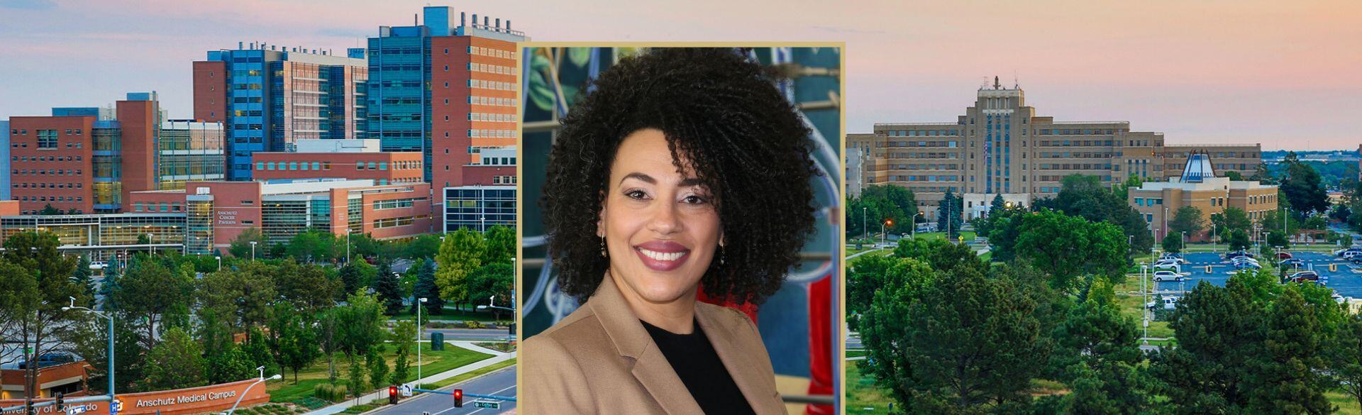 Erika Freitas, PhD, headshot over a aerial view of the CU Anschutz campus.