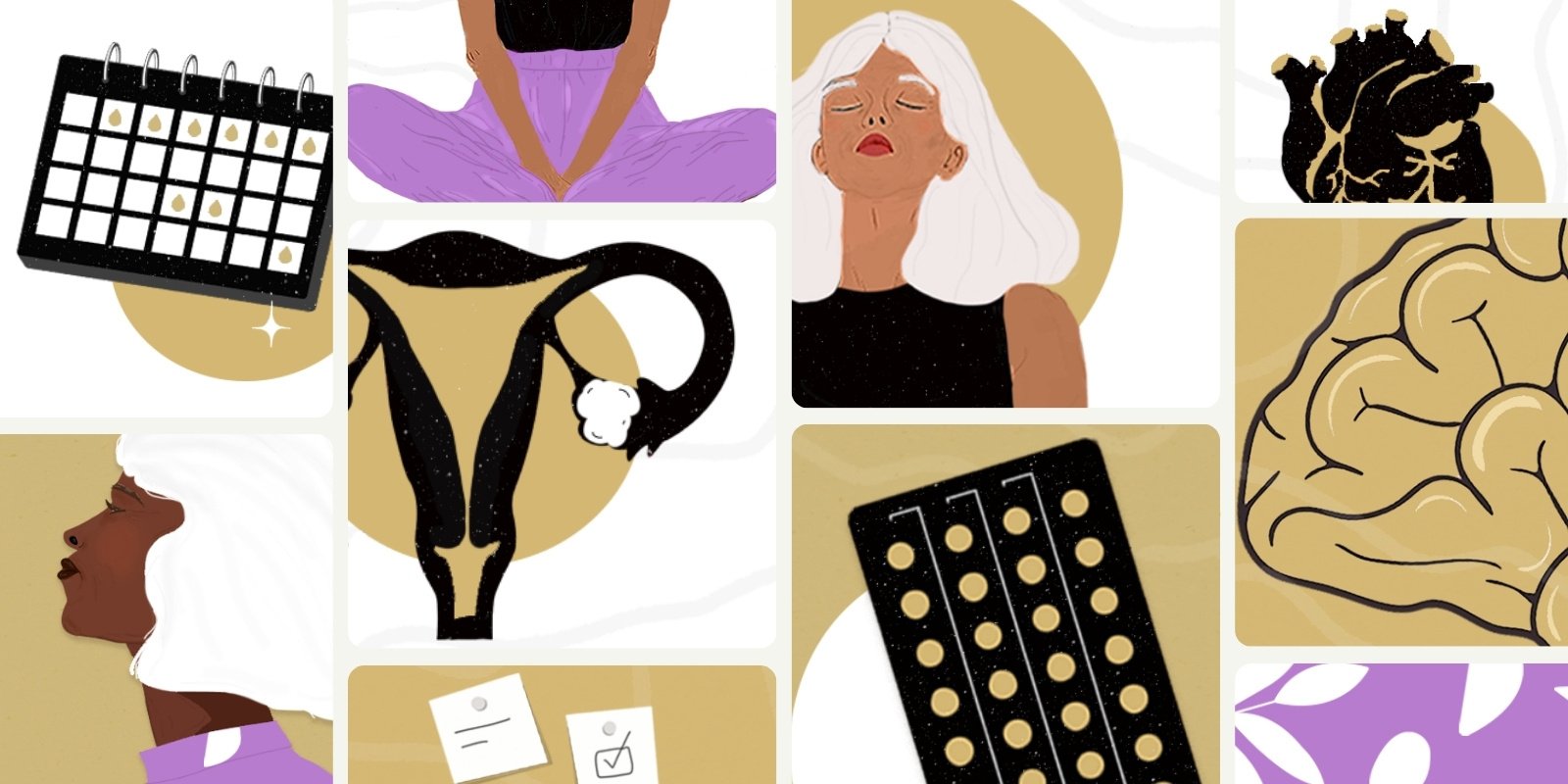 Graphic collage of menopause banners: hormone ills; ovaries; brain; women, heart, calendar