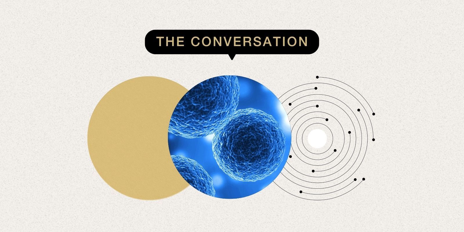 A series of circle graphics, including a closeup of cells, are placed under a centered speech bubble with the words 