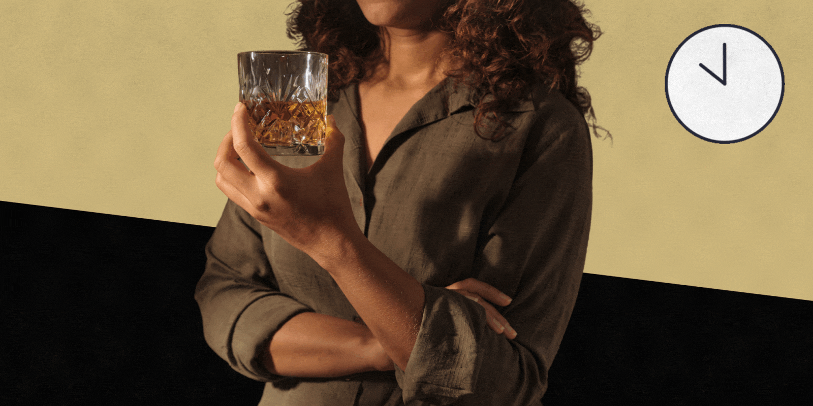 Photo of person drinking alcohol with a moving clock in background 