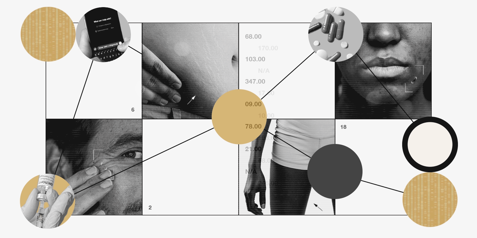 A series of images with people scrutinizing their features, with elements denoting AI interfaces. 