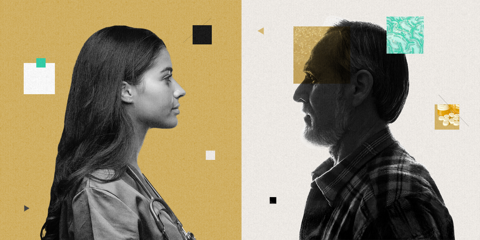 A doctor and a patient are face to face, with small square design elements surrounding them. 