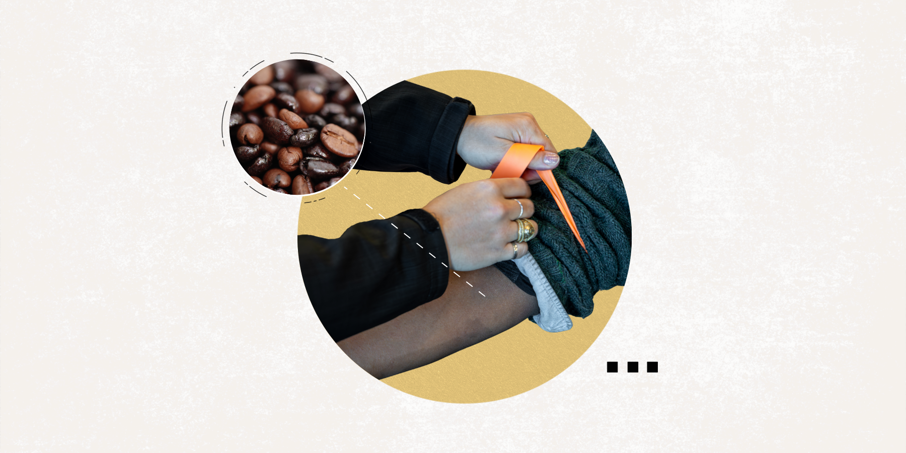 A person's arm is set for a blood draw, with images of coffee beans in the top left. 