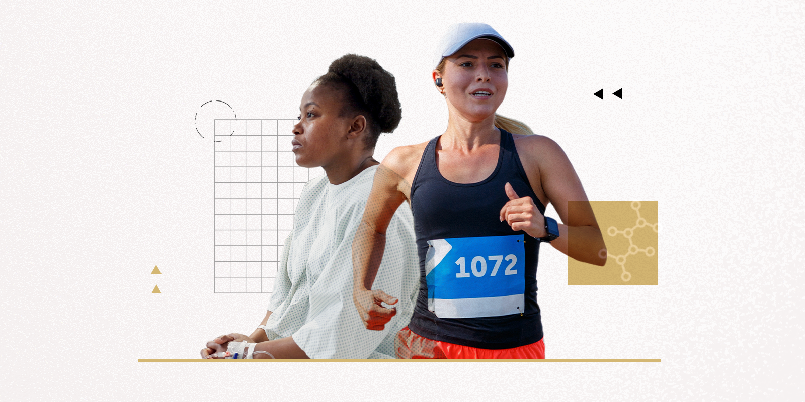 Image of a patient in a hospital gown sitting next to a woman running with a race number on her shirt