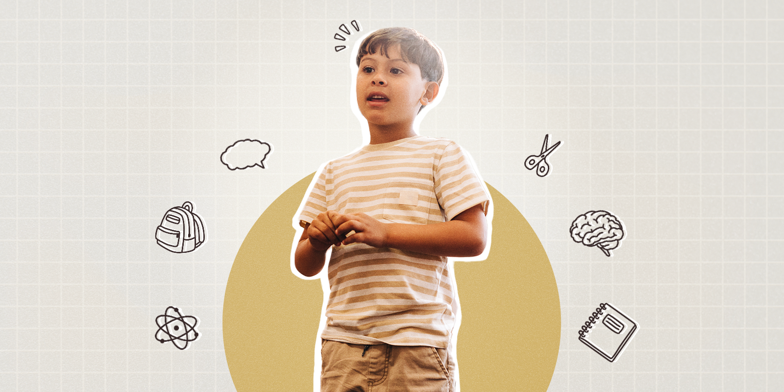 An adolescent student stands in the center of the frame - surrounded by small icons representing different subjects and activities in school.