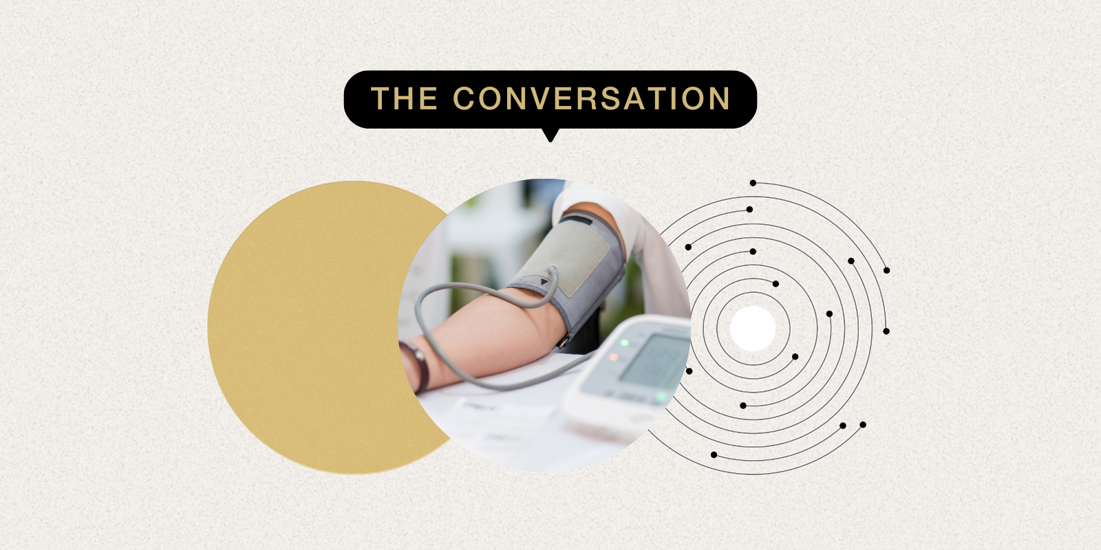 Photo of a person having their blood pressure taken. The words 