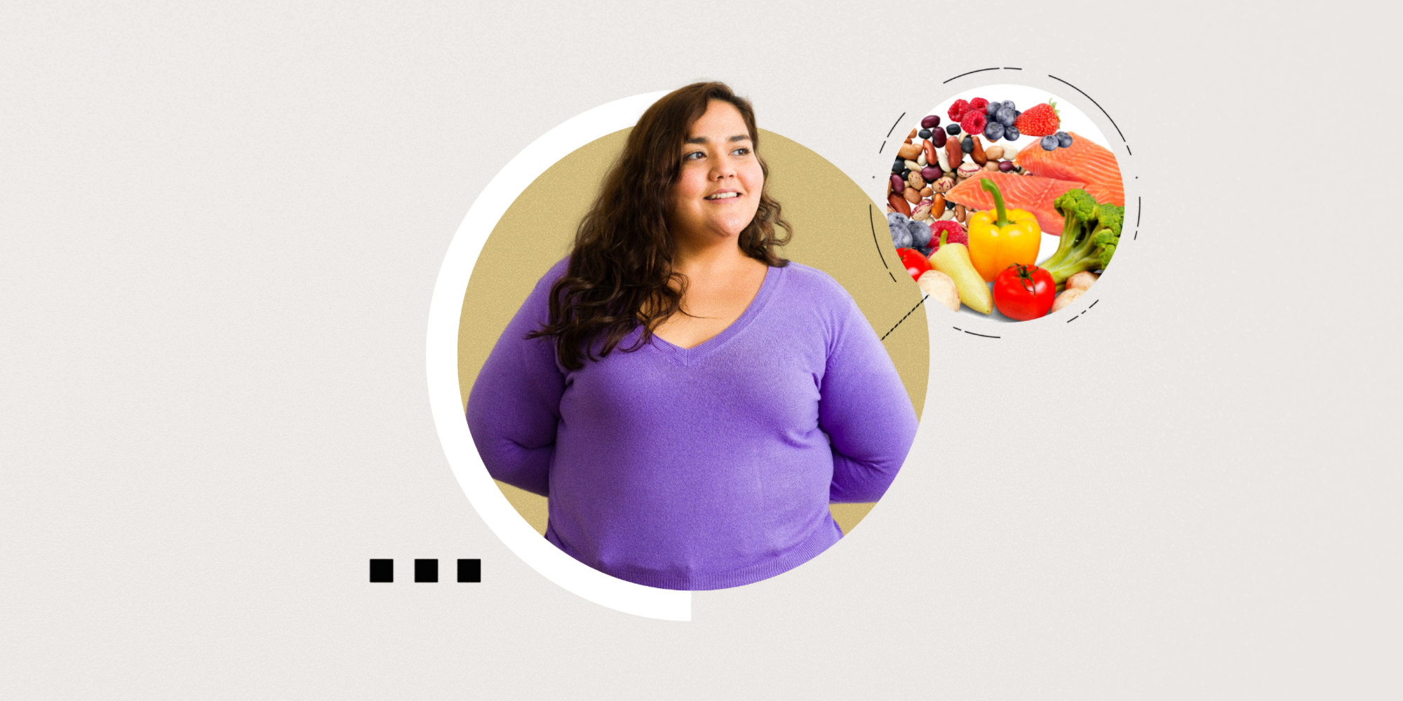 Woman in purple sweater pictured with an array of fresh fruits and vegetables. 