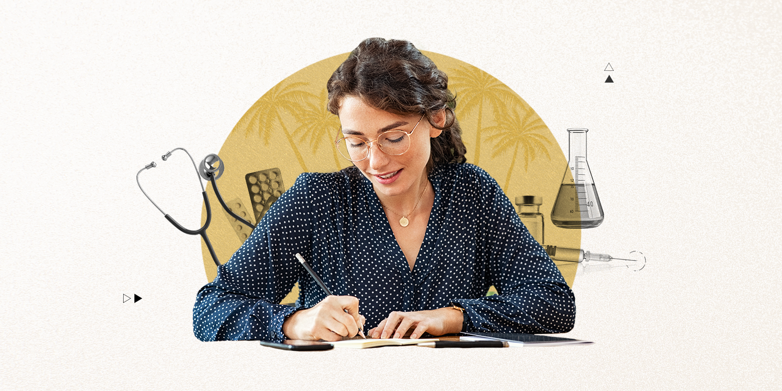 Woman with glasses writes in a journal at a desk with images of medicine and palm trees behind her.
