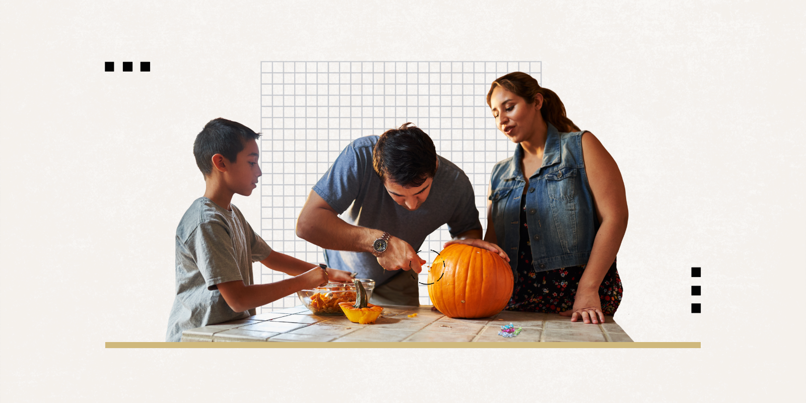 Photo of family carving a Jack-o-lantern for Halloween.