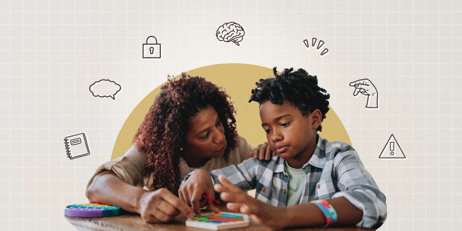 A parent sits with their child with a few images related to school, danger and childhood surround them. 