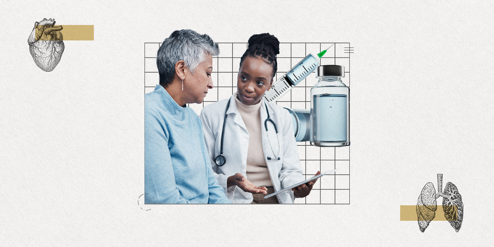 Stylized graphic of a provider meeting with a patient about a pneumonia vaccine.
