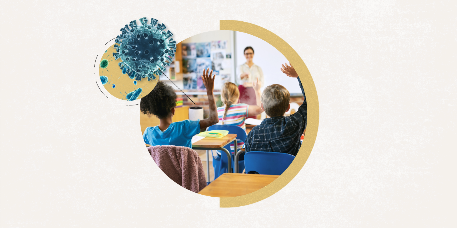 Stylized image showing how scientists are working to improve indoor air quality, including in classrooms. 