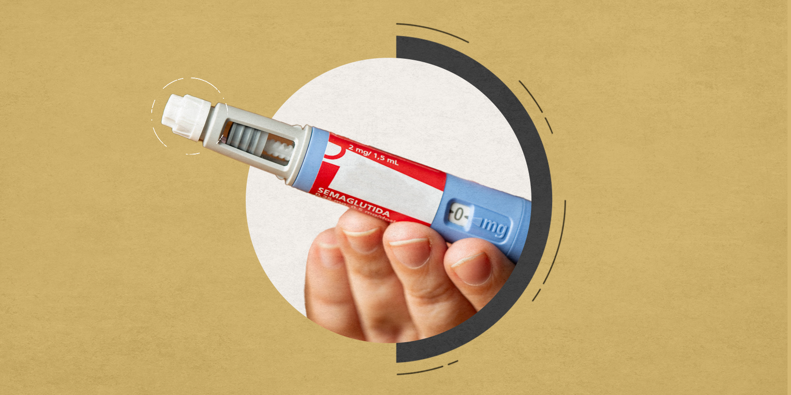 A hand holds an injectable GLP-1 receptor agonist called semaglutide.