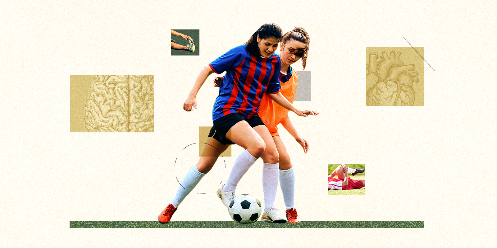 Two soccer players battle for the ball, with several boxes featuring injuries and medical imagery surround them.