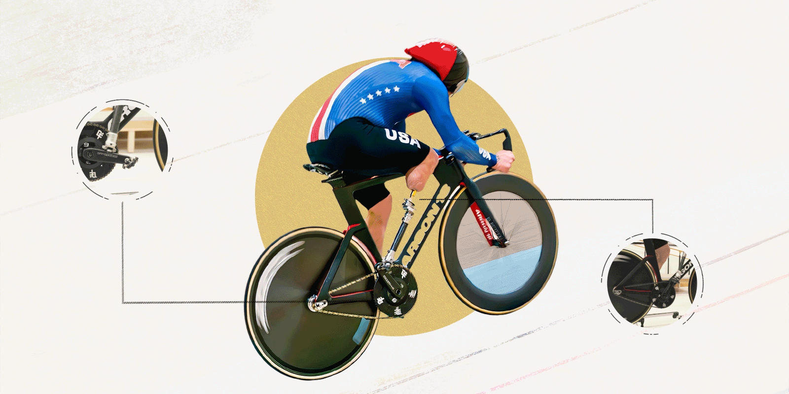 Stylistic image of paracyclist Jason Macom competing in a track cycling race. 