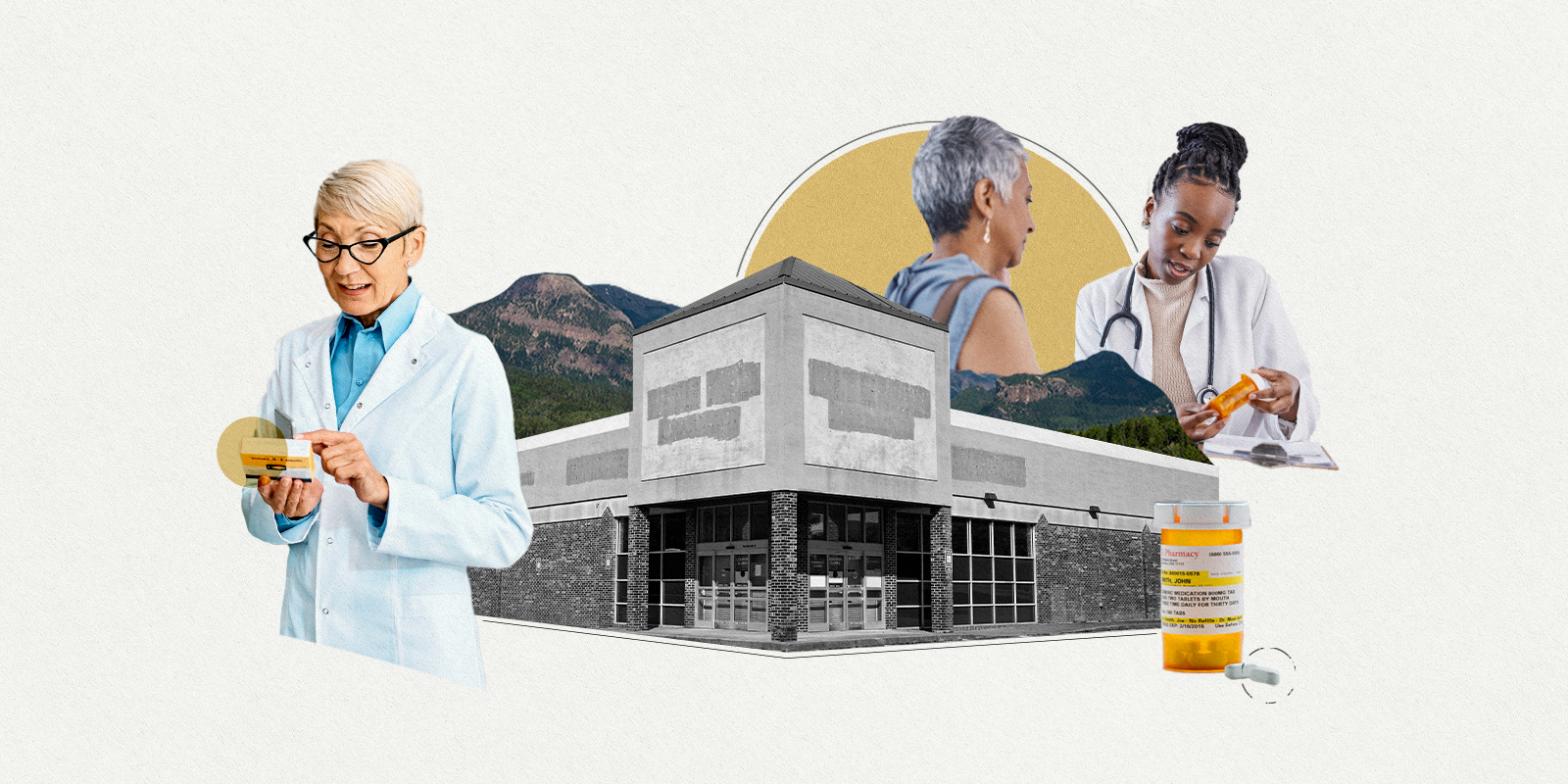 An approximation of a triptych with a pharmacist, a closed pharmacy and a pharmacist talking to a patient with a prescription drug bottle across a gold and white background with mountains.