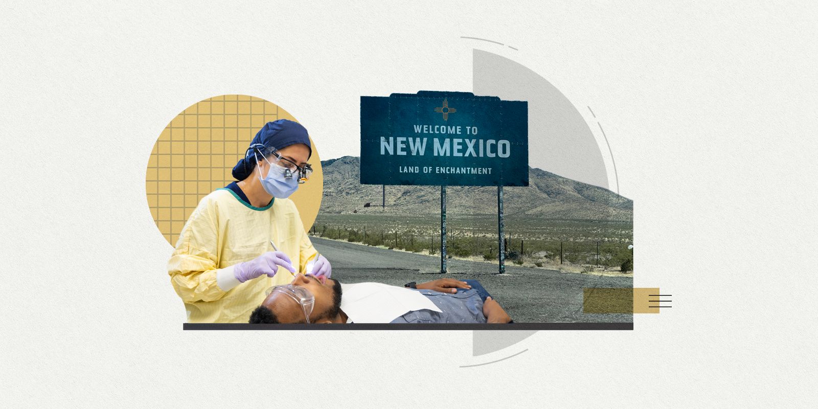 Two images side by side - a dentist cares for a patient with a vista and New Mexico welcome signs and desert. 
