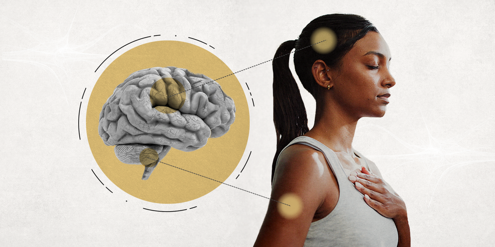 A woman places her hand over her heart while contemplated the brain's activity and highlighting shoulder pain