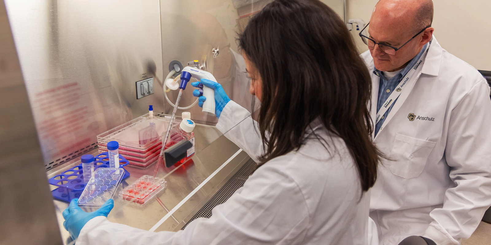 Karin Payne, PhD, and Michael Zuscik, PhD, at work in a lab at CU Anschutz.