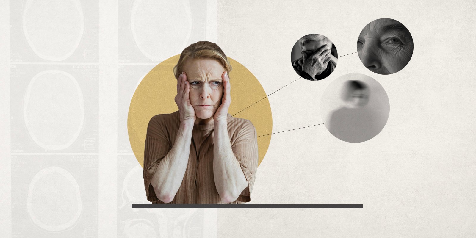 A woman holds her head as three bubbles extend out from her, representing hallucinations, delusions and illusions.