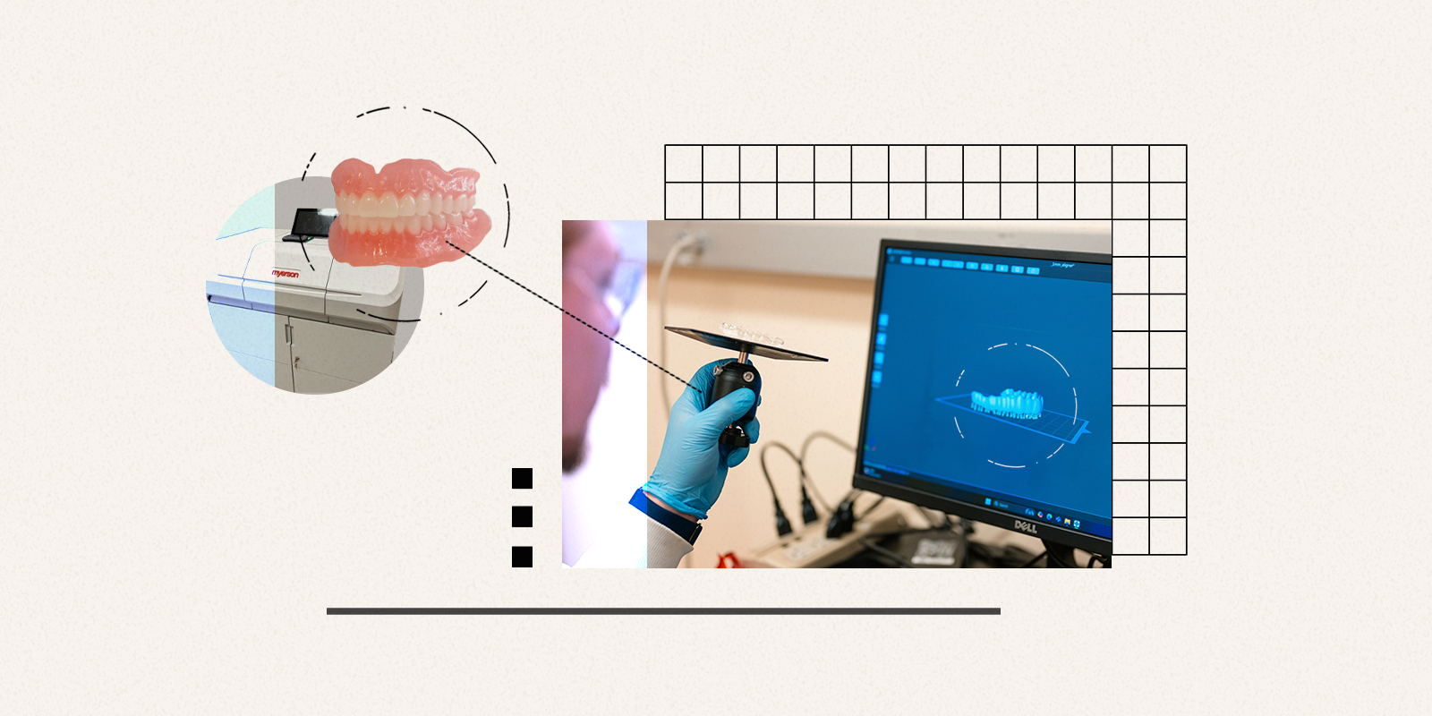 A series of images showing a rendering of a 3D printed set of dentures, a dentist working at a computer monitor and a 3D printing machine. 