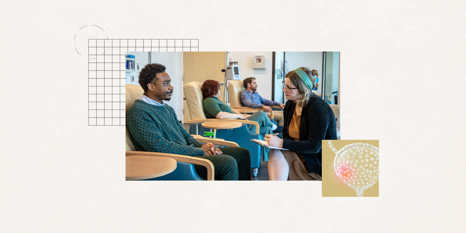 Image showing a healthcare provider consulting with a patient, and an anatomical graphic of a human bladder. 