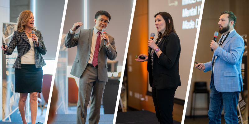 A image split into four vertical sections, showing the presenters from the Fast Pitch event: Allison Dempsey, Heiko Yang, Tracy Bale and Samuel Budoff