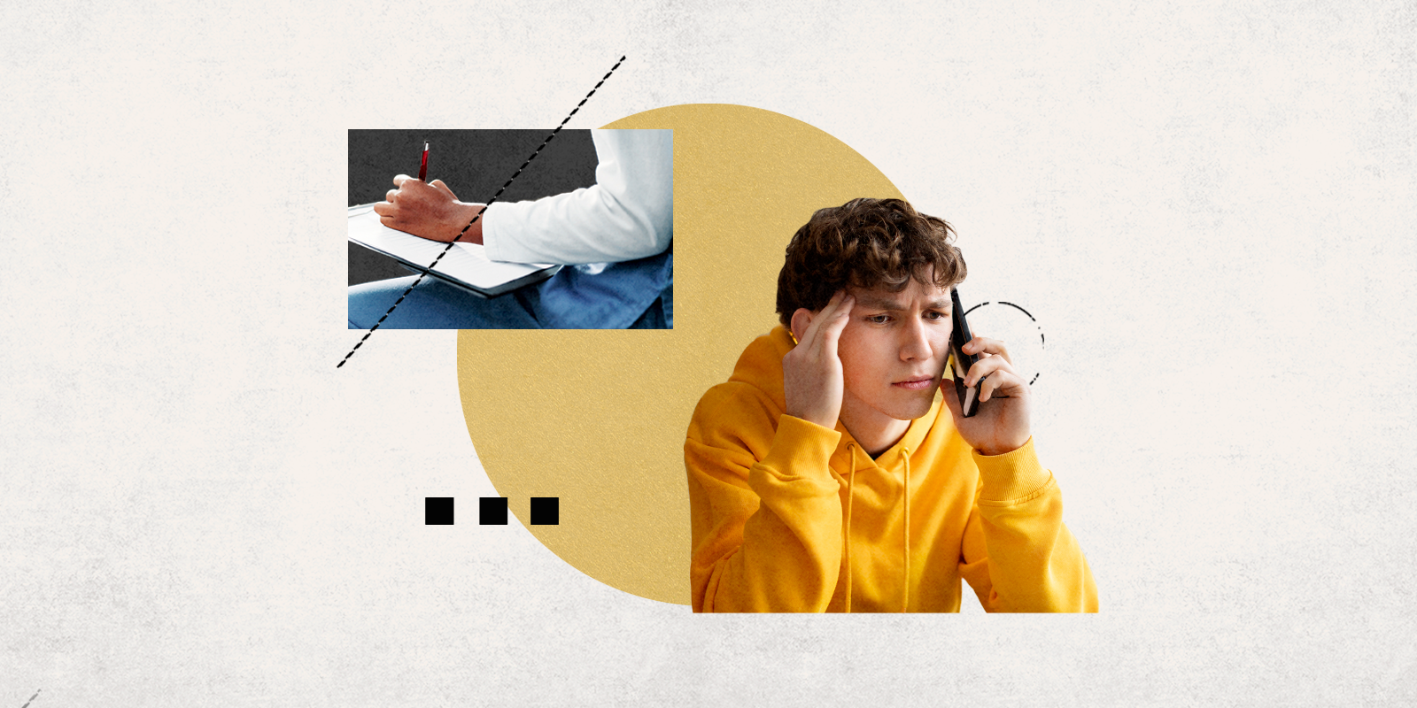 Stylized image of a young adult looking worried and talking on the phone. 
