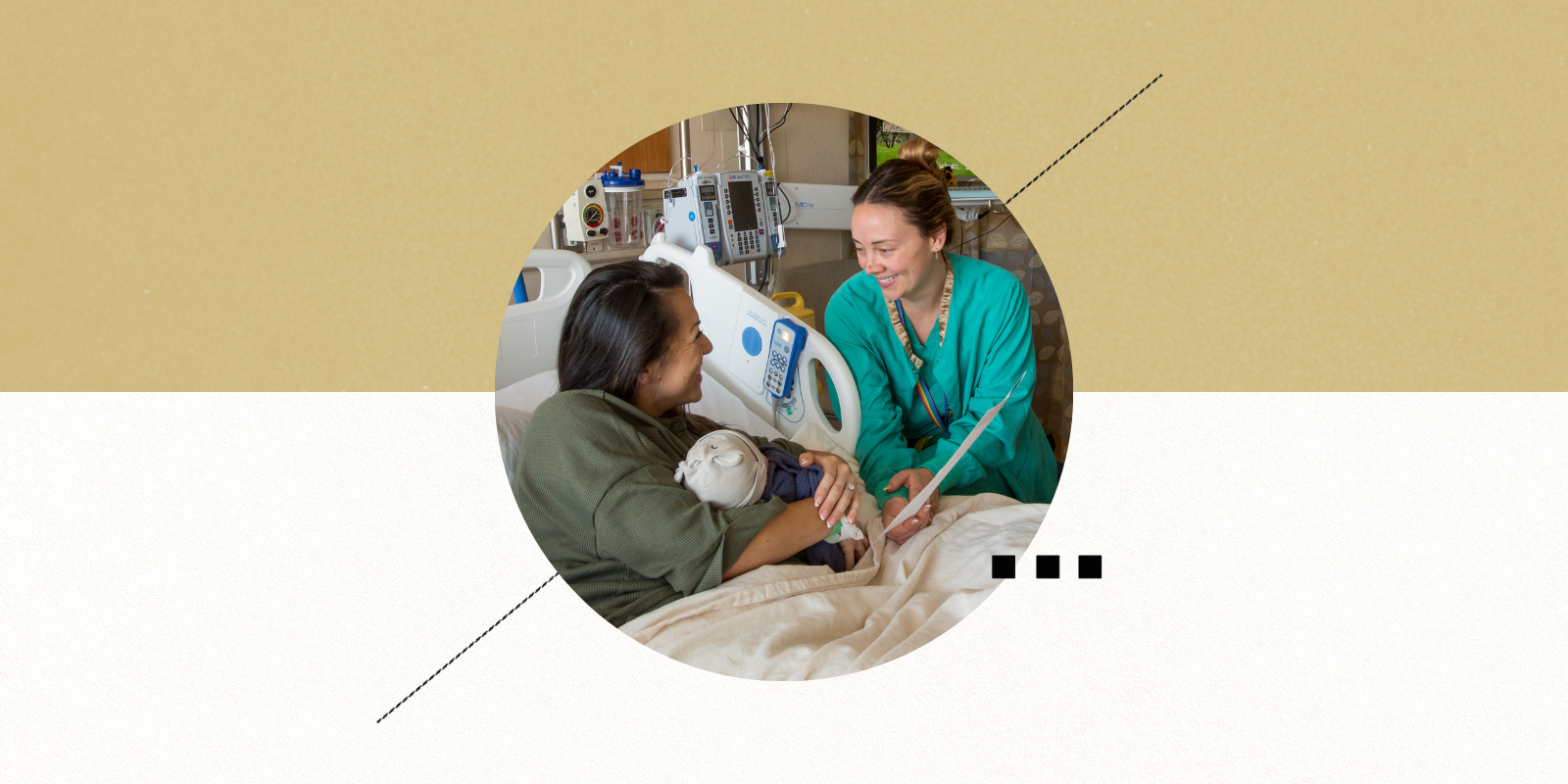 New mom holding her baby talks with a midwife in a hospital setting