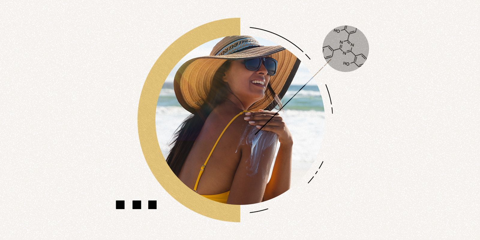 Stylized image of a woman on a beach applying sunscreen. 