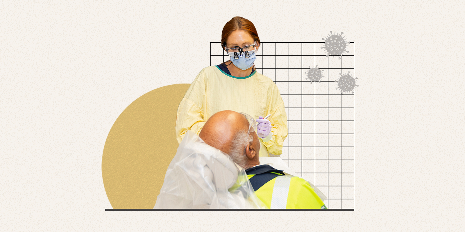 A dental care provider wearing protective equipment stands in front of a patient seated in a chair. A white and gold stylized background is behind them with a black and white grid and bacteria cells represented. 