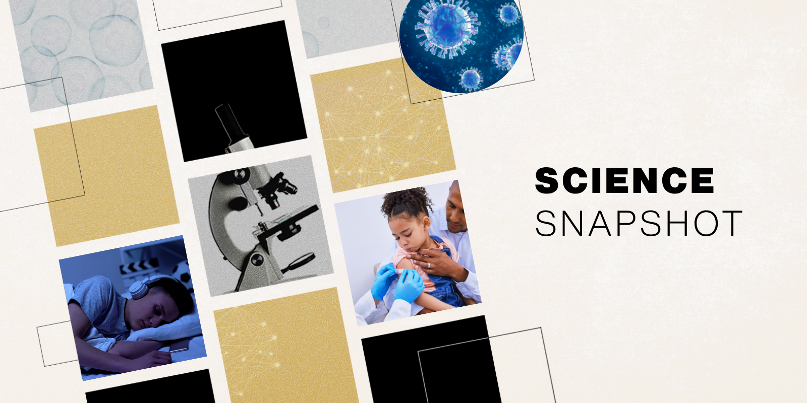 A series of boxes in three columns are shown, some are black and others gold. Three contain images: a child sleeping with headphones, a microscope and finally a parent comforting a sick child. The words 