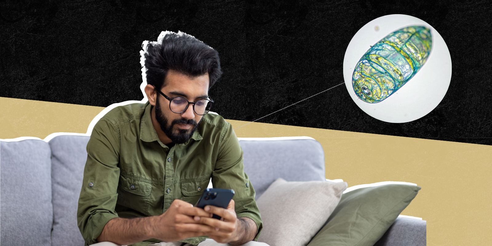Photo of man in his 40s sitting on couch scrolling through phone