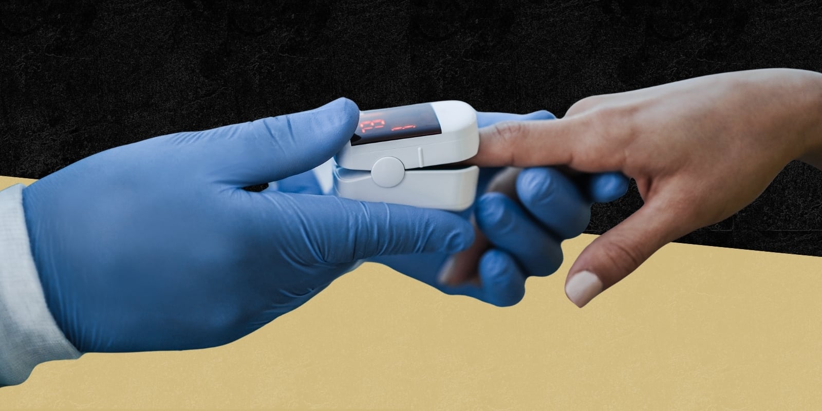 A healthcare professional uses a pulse oximeter to measure a patient's blood oxygen level and heart rate